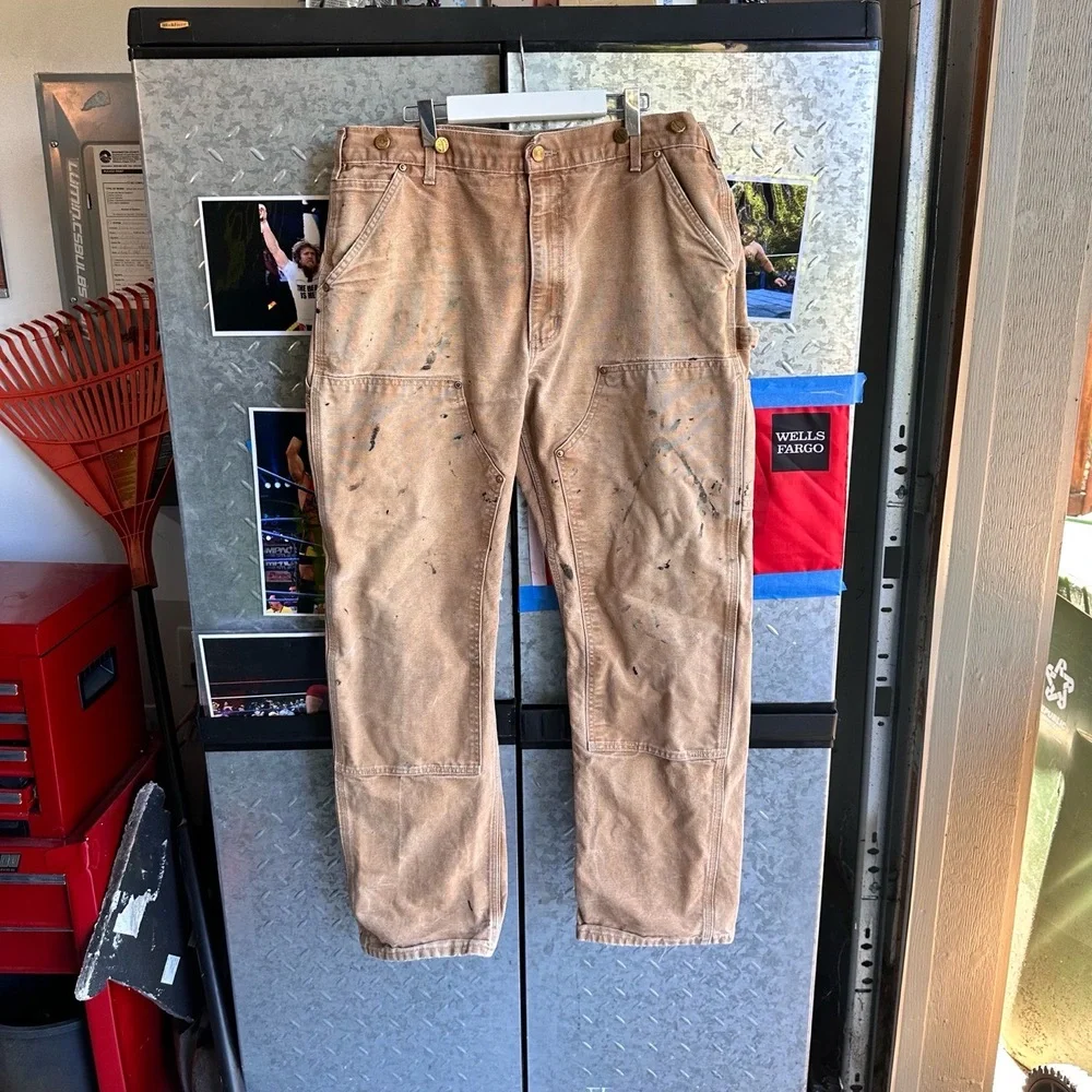 Carhartt Tan Distressed Double Knee Paint Stains Work Pants 1990s USA 36x32 - Picture 7 of 7